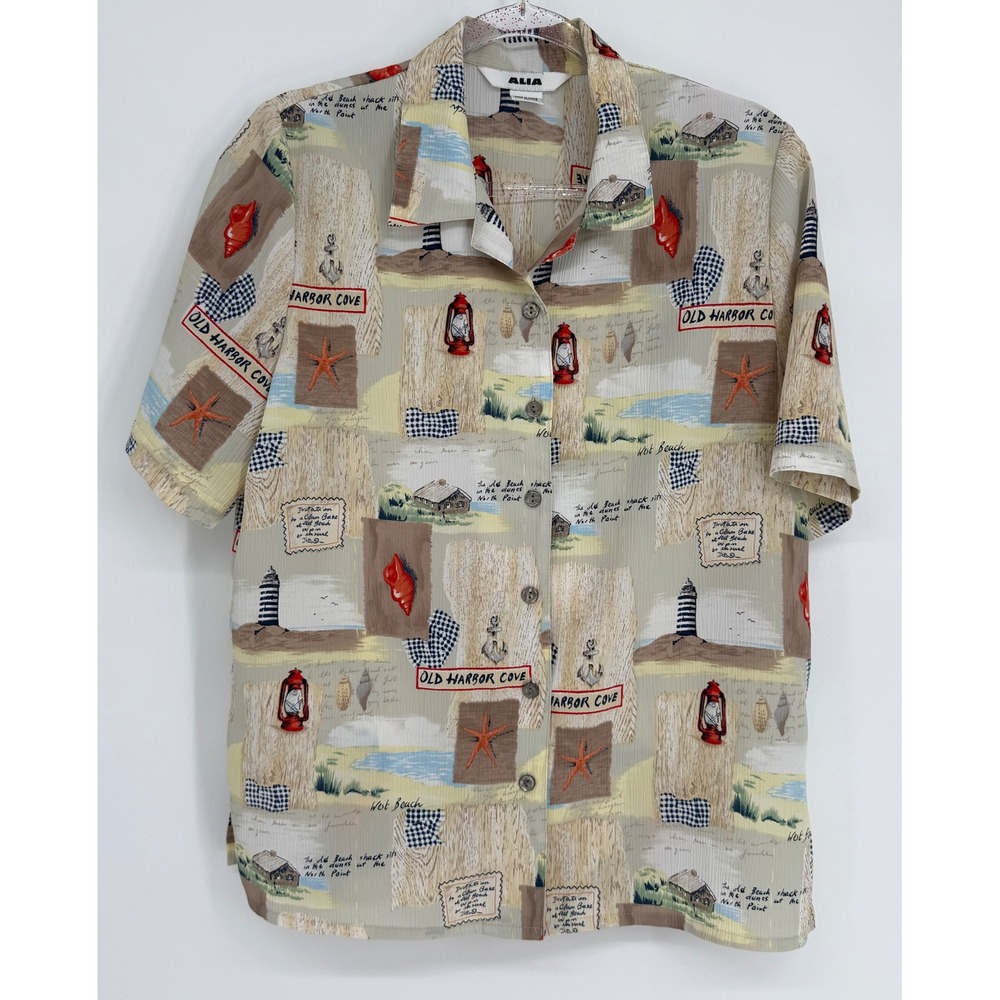 Alia Womens Coastal Old Harbor Cove Lighthouse Print Button Up Shirt Sz 10